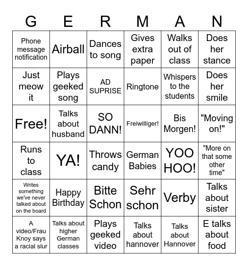 German 6x6 Bingo Card
