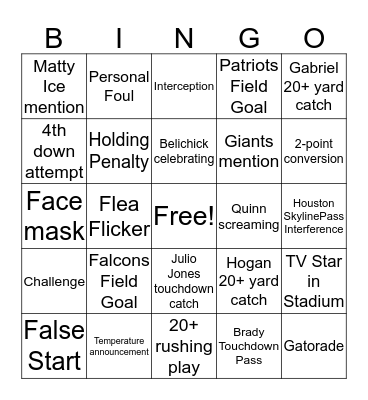 Superbowl BINGO Card