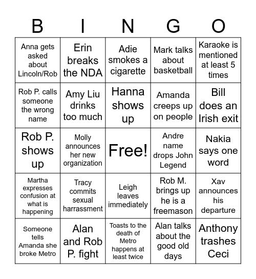 Metro happy hour Bingo Card