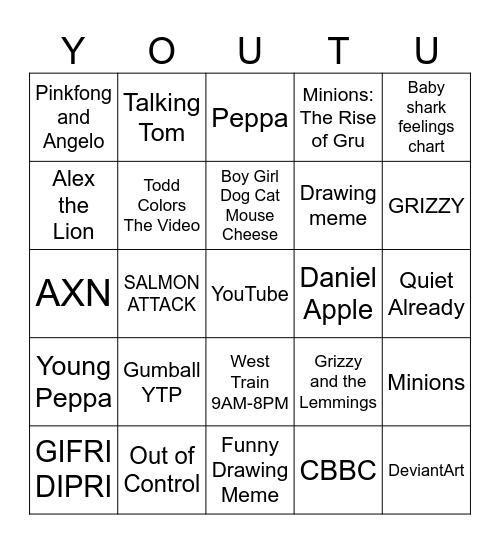 YouTube Bingo Card