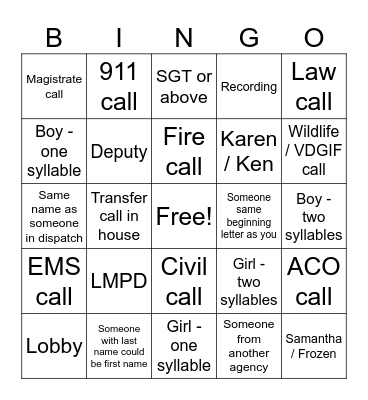 Phone Call Bingo Card