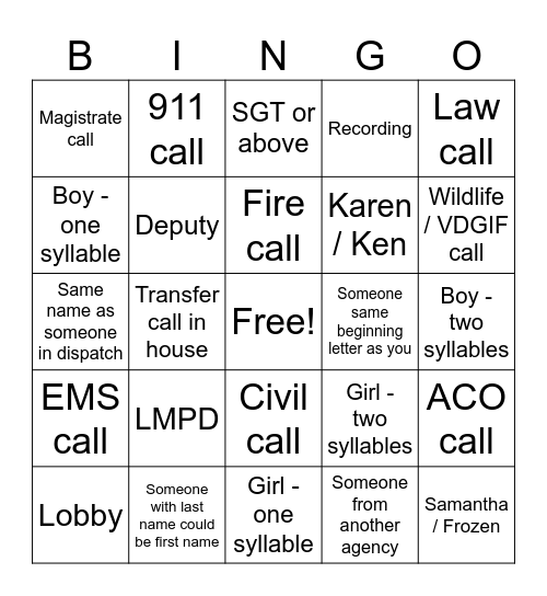 Phone Call Bingo Card