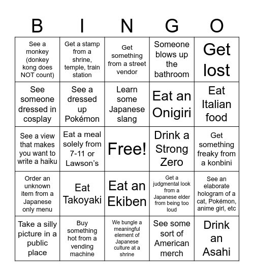 Japan Bingo Card