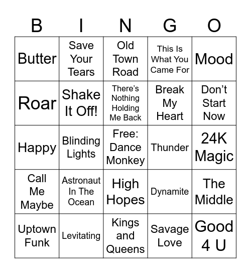 Music Bingo: Kidz Bop Best Songs Out Bingo Card