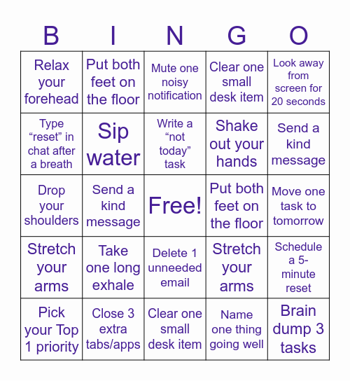Stress Bingo Card