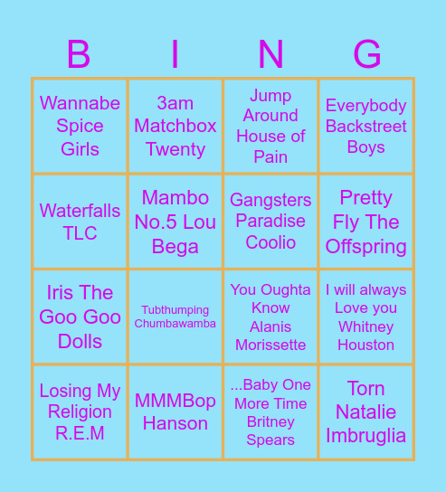 90s Music Bingo Card