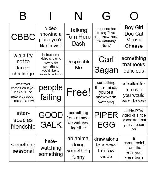 YouTube Bingo Card