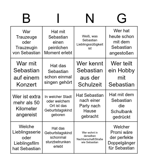 Sebastians 40. Geburtstag Bingo Card