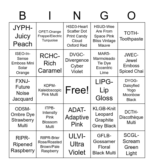 Colour Code Bingo Card