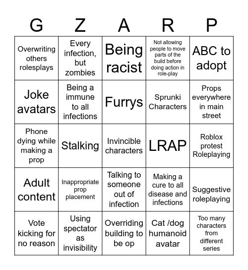 GZARP Bingo Card
