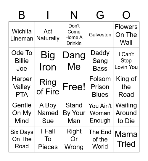 60s Country Bingo Card