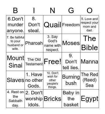 Ten Commandments Bingo Card