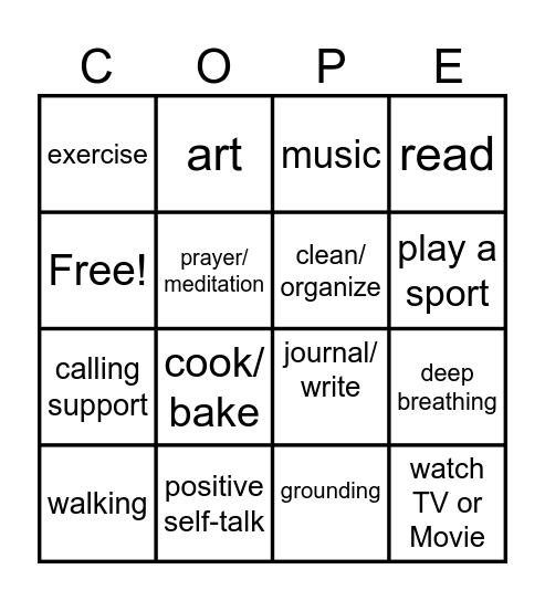 Coping Skills Bingo Card