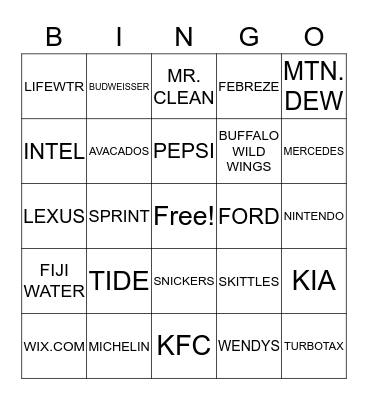 SUPER BOWL SUNDAY COMMERCIAL BINGO Card