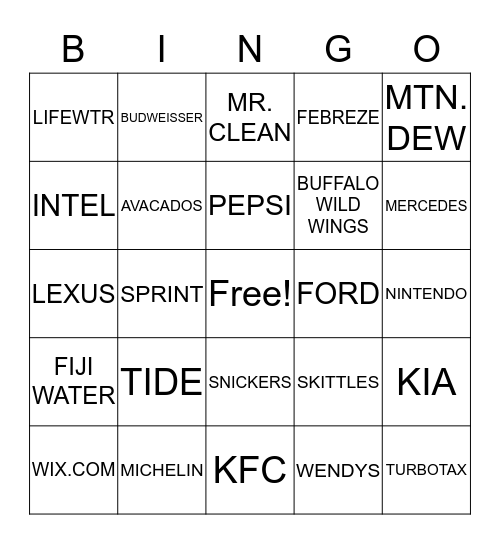 SUPER BOWL SUNDAY COMMERCIAL BINGO Card