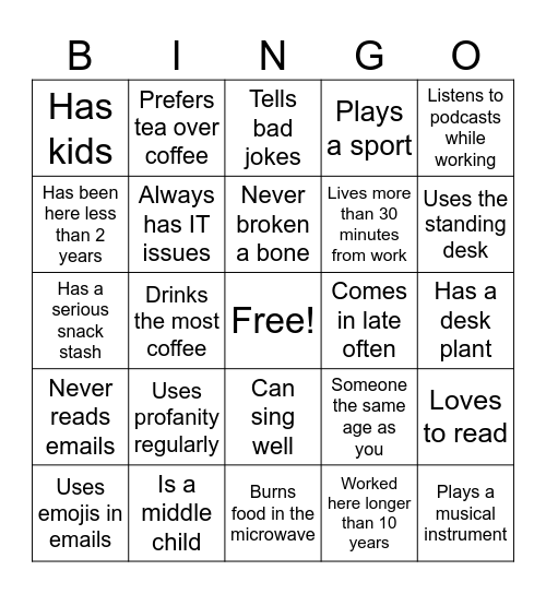 Find the Coworker! Bingo Card