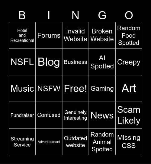Random Websites Bingo Card