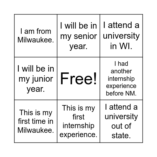 Internship Bingo! Bingo Card