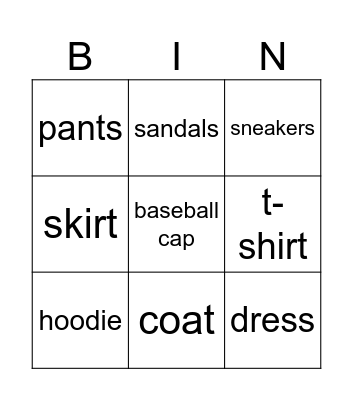 Articles of clothing Bingo Card
