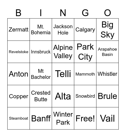 Ski Bingo Card