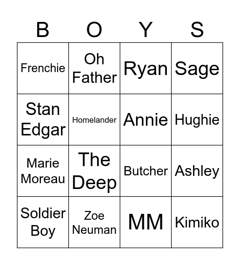 The Boys Finale Death Predictions Bingo Card