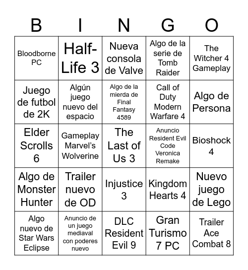 No-E3 Bingo Card