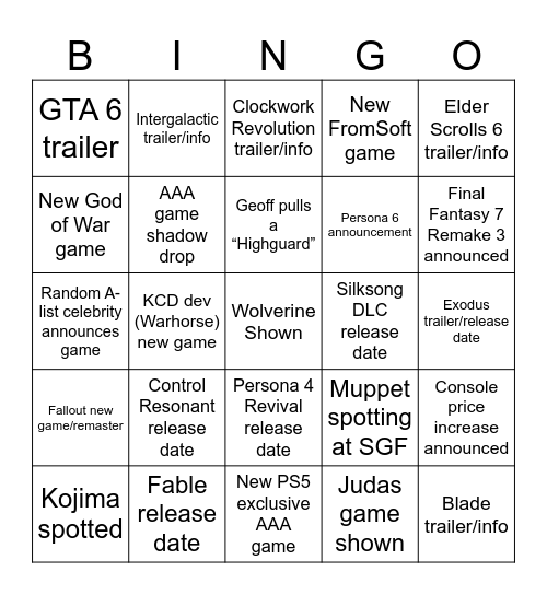SGF Week Bingo Card