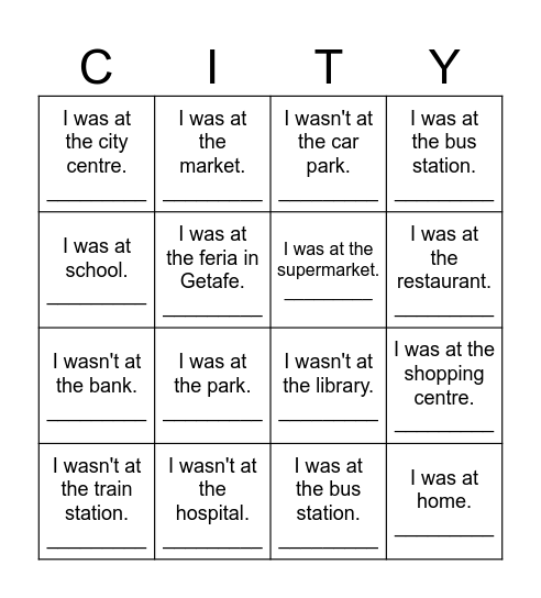 UNIT: CITY LIFE Bingo Card