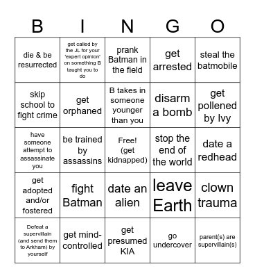 Vigilante Bingo for Batfam Bingo Card