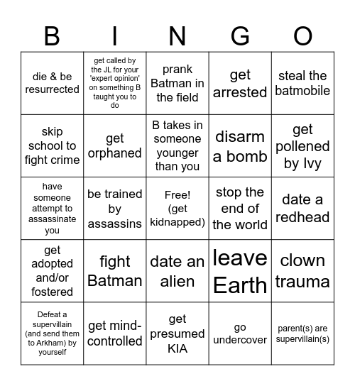 Vigilante Bingo for Batfam Bingo Card