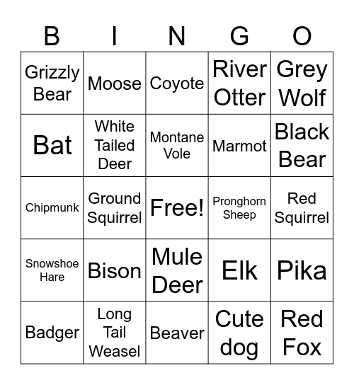 Yellowstone Mammal BINGO Card