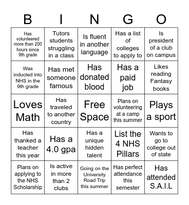 WHS NHS Bingo Card