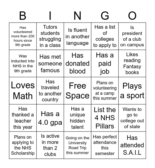 WHS NHS Bingo Card