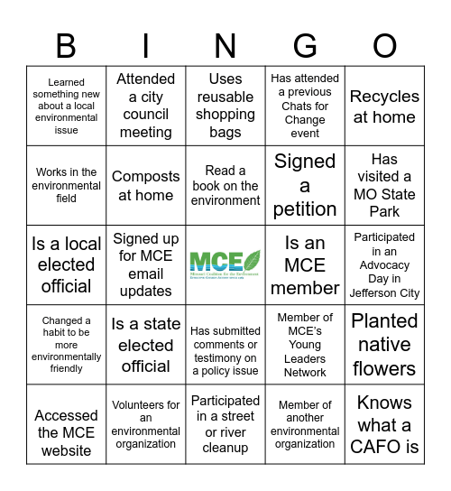 MCE - Chats for Change Bingo Card