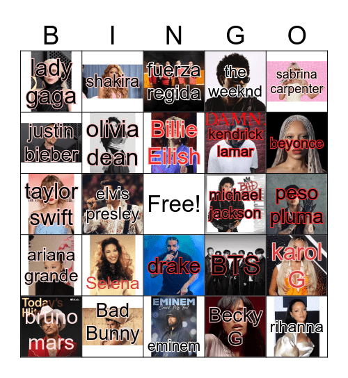 Music Artist Bingo Card
