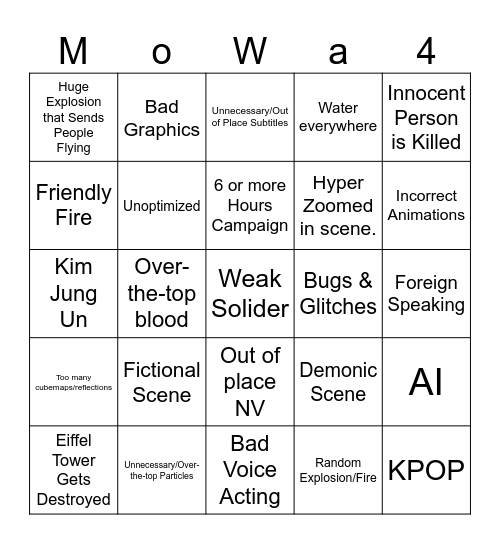 Modern Warfare 4 Bingo Card