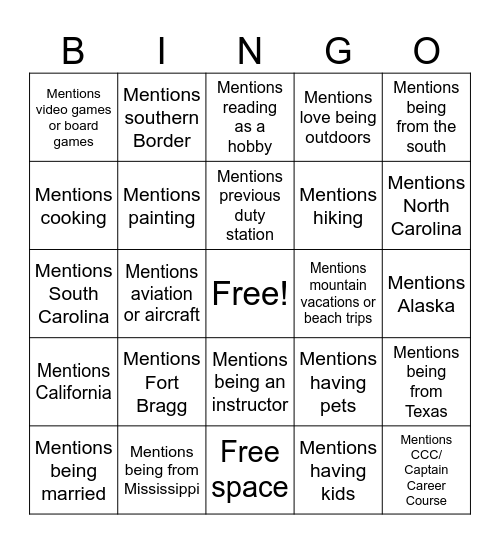 264th CSSB HAIL & FAREWELL Bingo Card