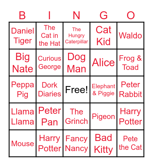 Book Character Bingo Card