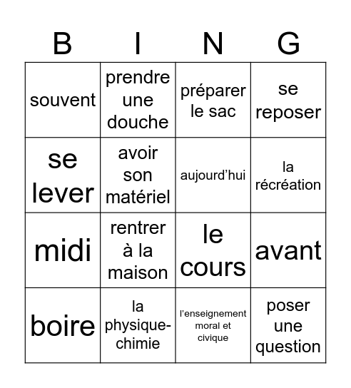 La routine scolaire Bingo Card