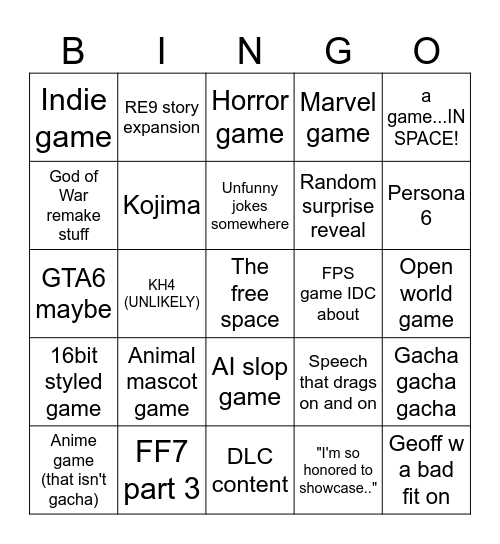 Summer Games Fest 2026 Bingo Card