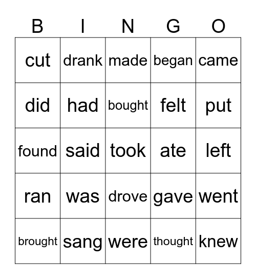 Irregular Verbs / Past Tense Bingo Card