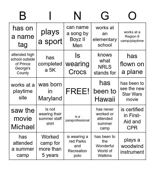 Camp Counselor Bingo Card
