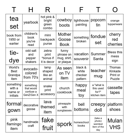 Thrifting Scavenger Hunt Bingo Card