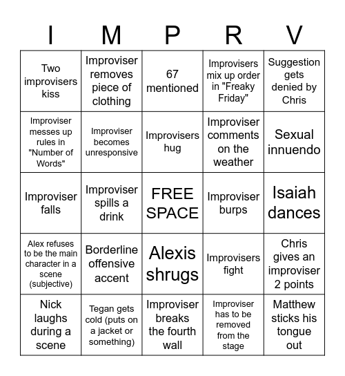 DRUNK VS HIGH IMPROV BINGO Card