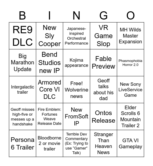 SGF/SOP/Xbox 2026 Bingo Card