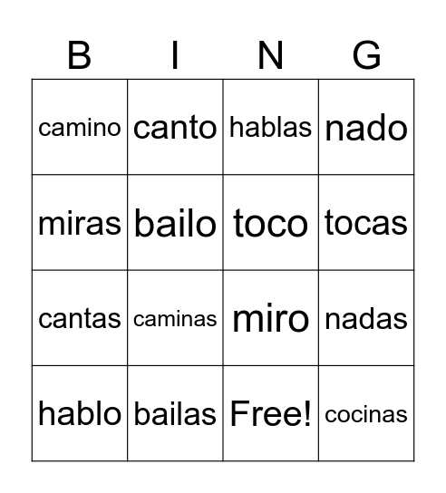 -AR Verbs Bingo Card