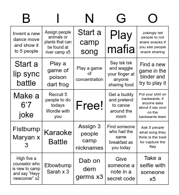 River Camp Training Bingo Card