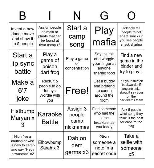 River Camp Training Bingo Card