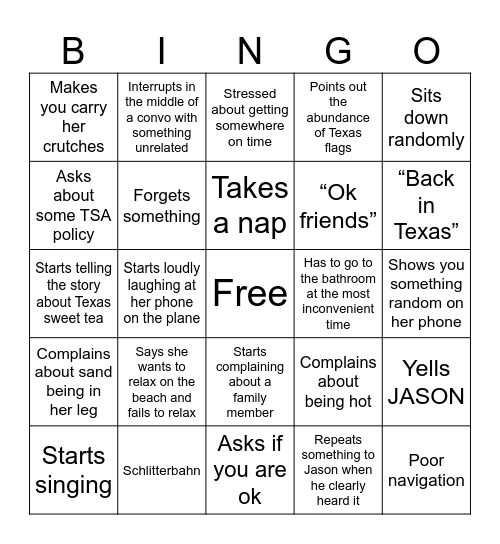 Texas Beach Trip Bingo Card