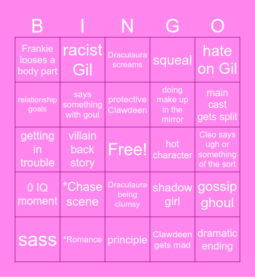 Monster High Bingo Card
